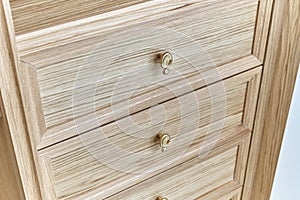 Wooden drawers of wardrobe close-up. Wooden wardrobe with wooden drawers and shelves. Wooden filling of wardrobe