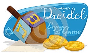 Wooden Dreidel with Golden Gelt Coins for Hanukkah Games, Vector Illustration