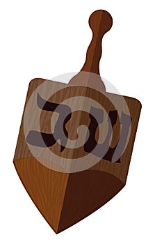 Traditional wooden dreidel toy with Hebrew letters, Vector illustration
