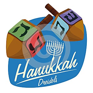 Wooden Dreidels on Hanukkah Sticker, Vector Illustration