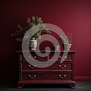 A wooden dresser of drawers in front of a dark red wall