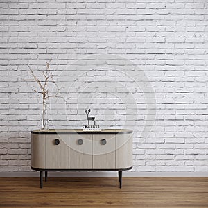 Wooden dresser in front of the white brick wall  empty wall mockup