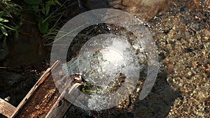 Wooden drinking nature fountain for people. Fresh clear and cold mountain water from stream at autumn forest