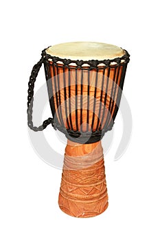 Wooden drum with goatskin, ethnic musical instrument isolated on white background