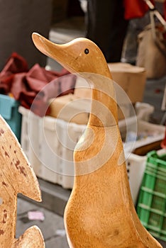 Wooden duck on sale at street market, Chiavari , Italy