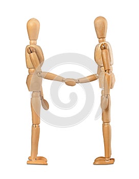 Wooden dummies shake hands
