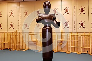 wooden dummy with marks from wing chun training in a gym