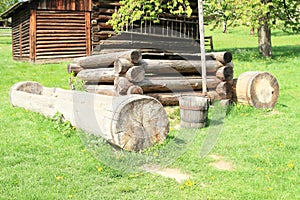 Wooden dwell in village with timbered houses