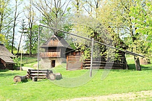 Wooden dwell in village with timbered houses