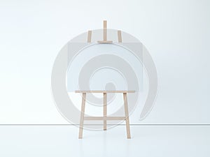 Wooden easel with blank white canvas. 3d rendering