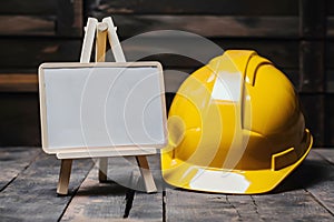 Wooden easel displays safety messages near yellow hard hat for workplace awareness