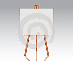 Wooden easel with empty canvas. Blank space ready for your advertising, design and presentation. Vector mock up illustration.