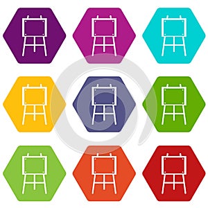 Wooden easel icon set color hexahedron