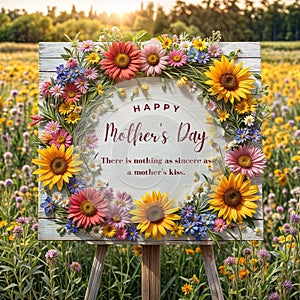 Wooden easel with the inscription Happy Mother\'s Day.There is nothing as sincere as a mothers kiss.