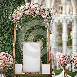 Wooden easel for an inscription for a wedding, for important events, decorated with fresh flowers