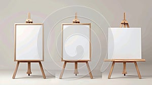 A wooden easel or painting board with white canvas on the front and sides. Artwork blank posters mockups. Wood stands