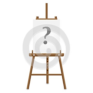 Wooden easel with question mark on white paper