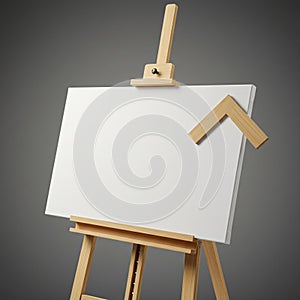 Wooden easel supports a blank, rectangular canvas oriented horizontally. The canvas