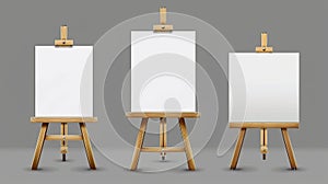 A wooden easel with a white canvas and an angle view. Modern realistic mockup of a wooden stand for paintings, a blank