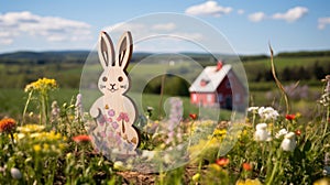 Wooden Easter bunny in wildflower field with farmhouse