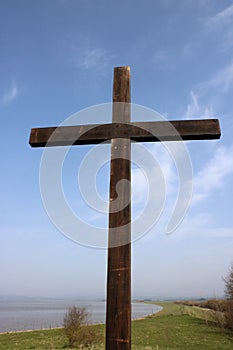 Wooden Easter cross, sea wall, Pilling, Lancashire