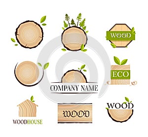 Wooden Eco labels, logo, stickers collection with green leaves