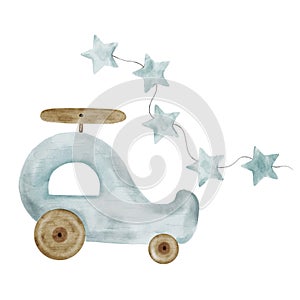 Wooden eco toy helicopter. Watercolor hand drawn illustration of air transport in pastel colors with blue stars. Mini
