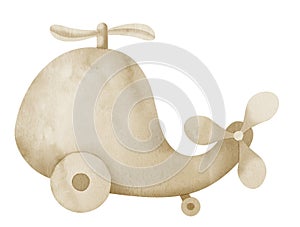 Wooden eco Toy Helicopter. Watercolor hand drawn illustration of air vehicle for Baby Shower greeting cards or