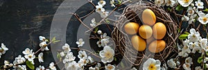 wooden eggshaped nest with empty yellow eggs