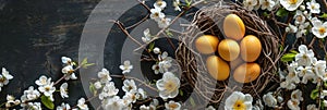 wooden eggshaped nest with empty yellow eggs photo