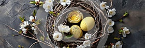 wooden eggshaped nest with empty yellow eggs