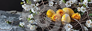 wooden eggshaped nest with empty yellow eggs photo