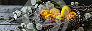 wooden eggshaped nest with empty yellow eggs photo