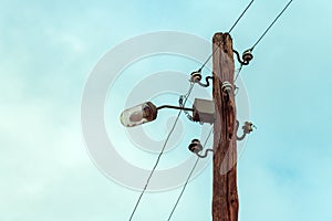 Wooden electricity pylon with wires