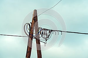 Wooden electricity pylon with wires