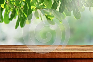 Wooden empty and green leaf nature background.