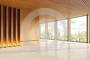 Wooden empty office room interior and panoramic window on tropics