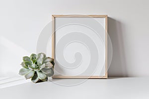 Wooden empty picture frame leaning on white wall next to succulent houseplant. Poster mockup