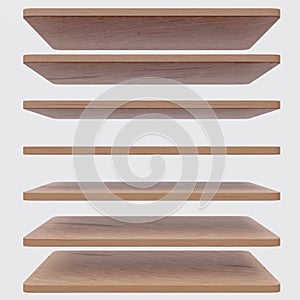 Wooden empty shelf isolated cutout on white color wall background. Ad template. 3d render