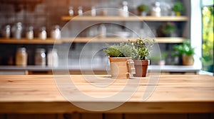 wooden empty table for mock up against blurred kitchen background with bokeh. AI Generative