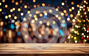 wooden empty table top with defocused bokeh Christmas fair lights background.