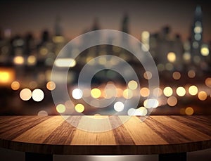 Wooden empty top table with blur evening city view. Tabletop with light effect bokeh of cityscape on background. Generative AI