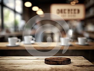 Wooden empty top table with blur mugs and cafe interior view. Tabletop and bokeh of coffee house on background. Generative AI