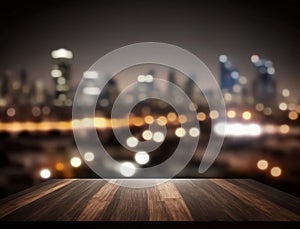 Wooden empty top table with blur night city view. Tabletop with light effect bokeh of cityscape on background. Generative AI