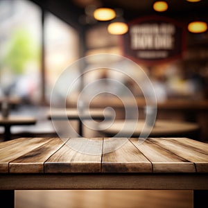 Wooden empty top table with blur rustic interior cafe view. Tabletop and bokeh of coffee house on background. Generative AI