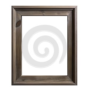 Wooden, empty, vertical picture frame isolated on white background. Cut out frame with copy space for artwork, picture
