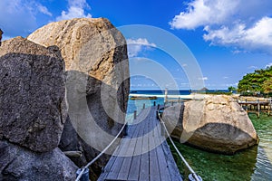 Wooden entrance bridge to the island of Koh Nang Yuan, Surat thani, Thailand