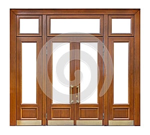 Wooden entrance with cutout windows and double door with long gilded knobs, isolated on white background design element,