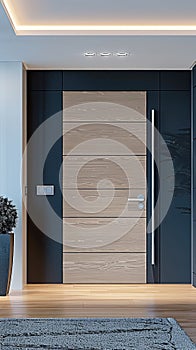 Wooden entrance door in a modern home or office interior in high-tech style. Interior Design.