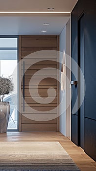 Wooden entrance door in a modern home or office interior in high-tech style. Interior Design. Vertical image.